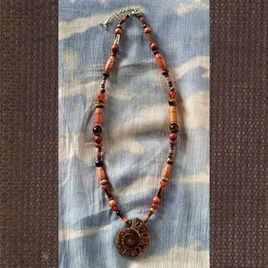Ammonite Fossil Beaded Necklace - Handmade, Swimmable - Red/Brown